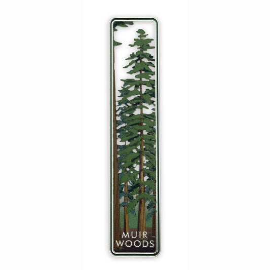 Rectangular Muir Woods bookmark with colorful design of redwood forest printed on cutout metal.