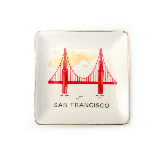 Small square ceramic dish featuring a colorful illustration of San Francisco's Golden Gate Bridge with gold accents.