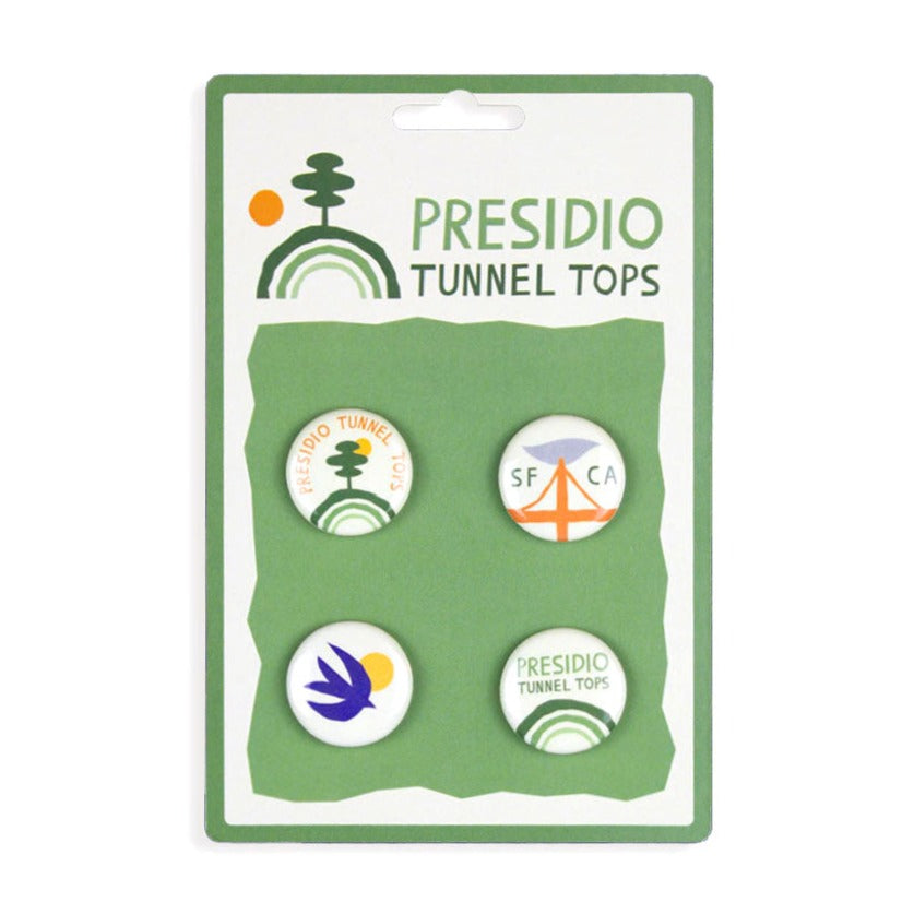 Set of four colorful Presidio Tunnel Tops pins.