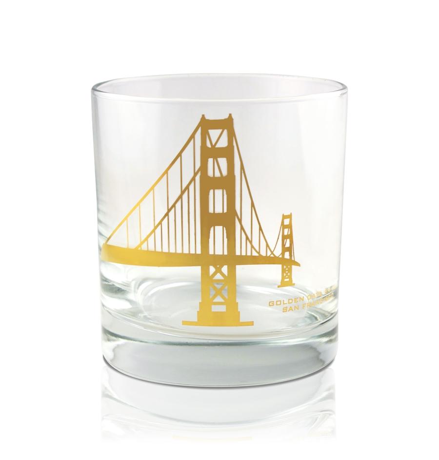 11 oz. Golden Gate Bridge rocks glass, with 20K gold mirror finish bridge design on colorless glass. Made in the USA.