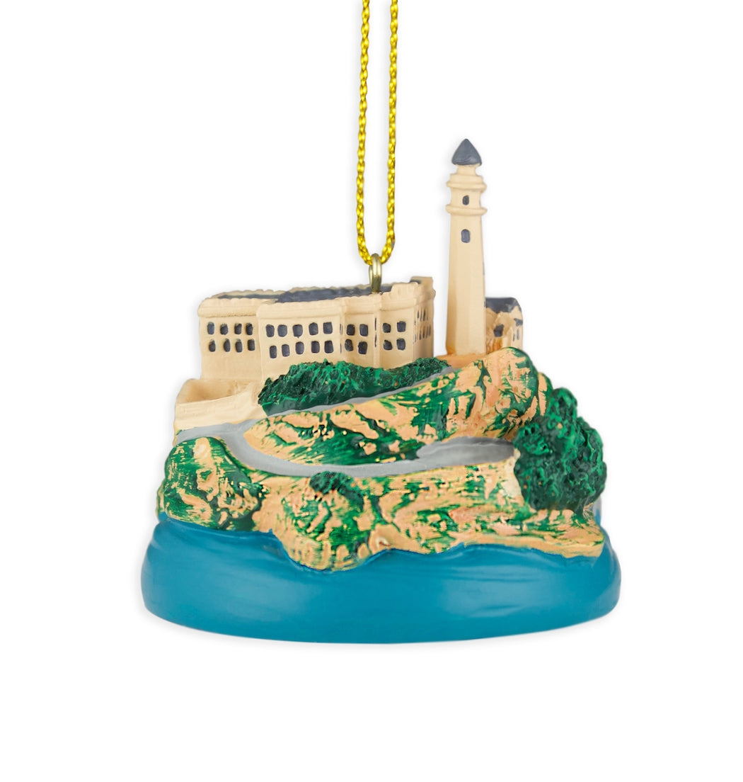 Hand-painted resin Alcatraz Island model ornament with gold thread ribbon.