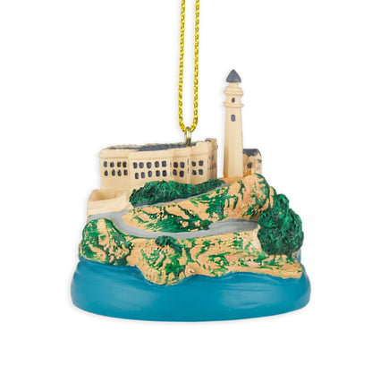 Hand-painted resin Alcatraz Island model ornament with gold thread ribbon.