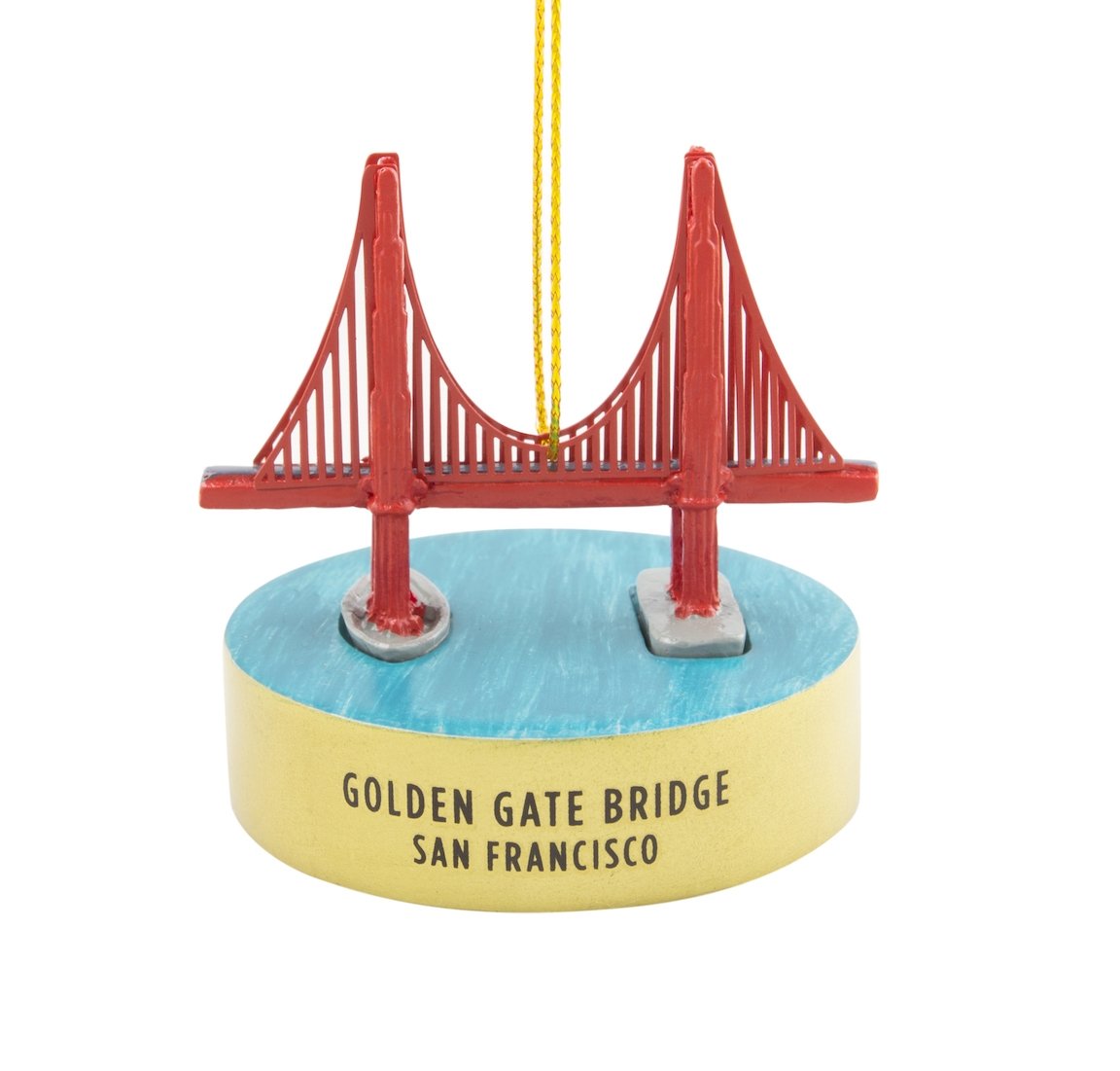 Hand-painted resin Golden Gate Bridge model ornament with gold thread ribbon.