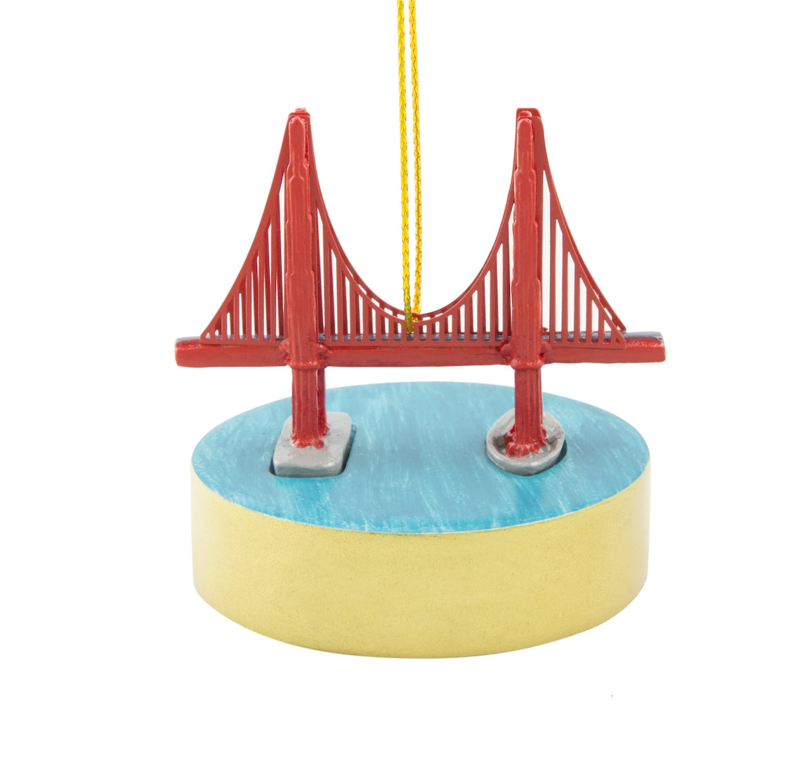 Hand-painted resin Golden Gate Bridge model ornament with gold thread ribbon.