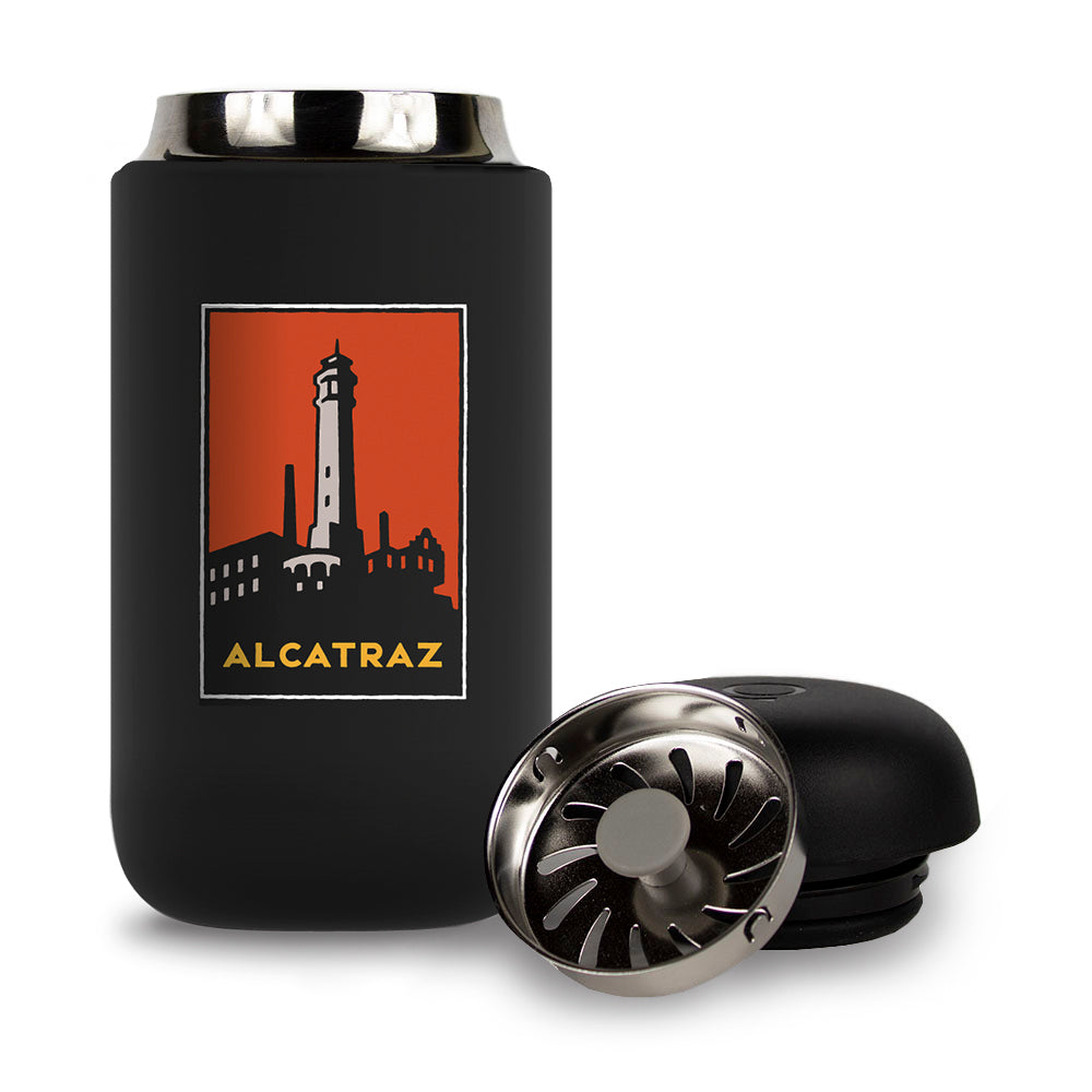 12-ounce Alcatraz travel mug made in partnership with Fellow, multicolor illustration by Michael Schwab on black mug