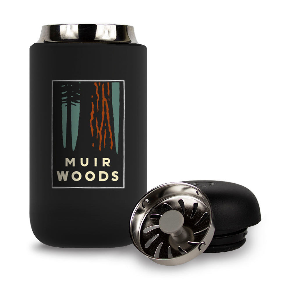 12-ounce Muir Woods travel mug made in partnership with Fellow, multicolor redwood forest illustration by Michael Schwab on black thermos