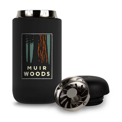 12-ounce Muir Woods travel mug made in partnership with Fellow, multicolor redwood forest illustration by Michael Schwab on black thermos