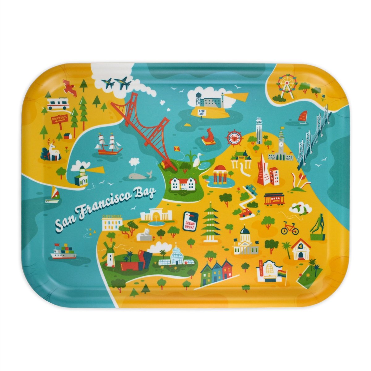 Wooden tray featuring colorful illustrated map of the San Francisco Bay Area's famous landmarks.