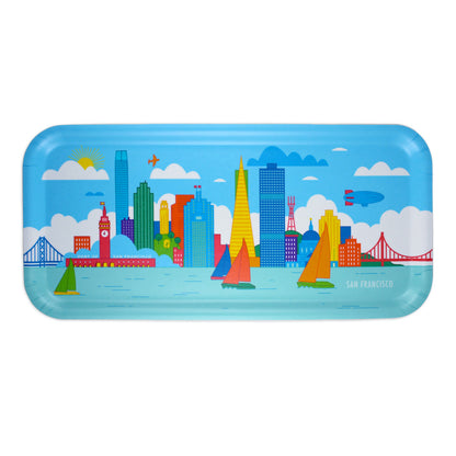 Wooden tray featuring colorful illustration of San Francisco skyline with landmarks like the Golden Gate Bridge.