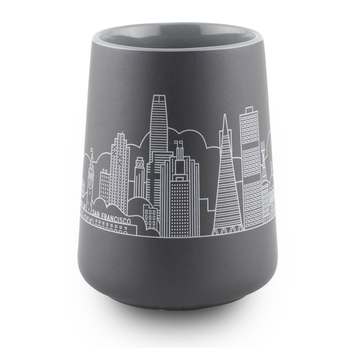 15 oz. matte grey tapered mug with light grey San Francisco skyline wrap-around design and gloss grey interior.