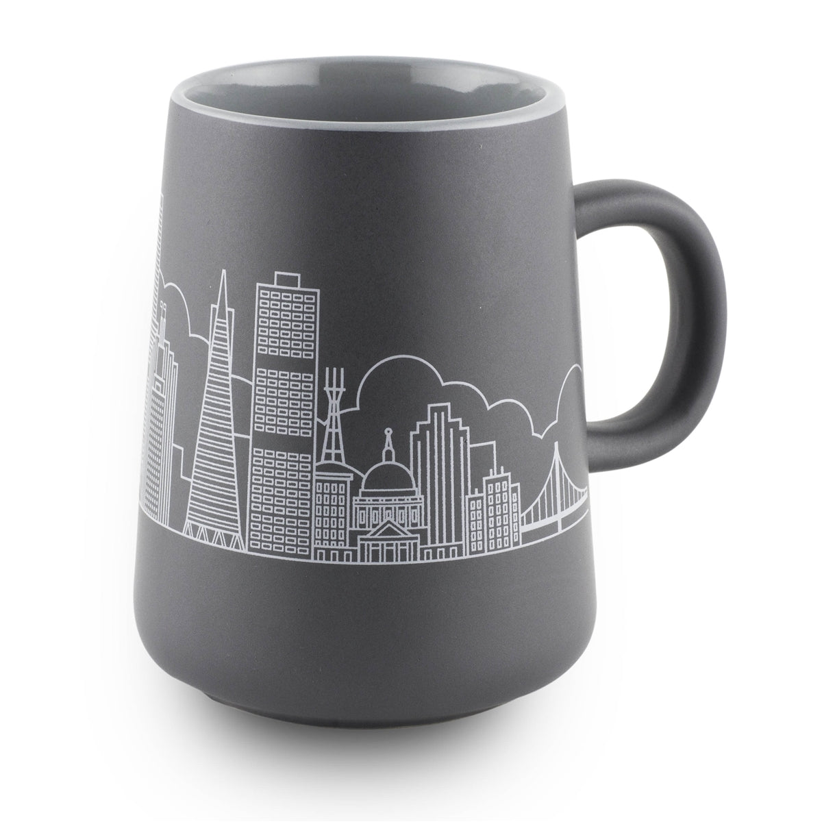 15 oz. matte grey tapered mug with light grey San Francisco skyline wrap-around design and gloss grey interior.