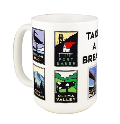 15 oz. white mug with nine colorful Golden Gate National Park icons and "Take a Break" slogan. Artwork by Michael Schwab.