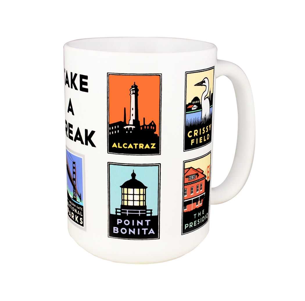 15 oz. white mug with nine colorful Golden Gate National Park icons and "Take a Break" slogan. Artwork by Michael Schwab.