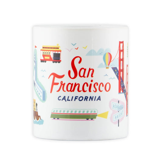 11 oz. white mug with colorful illustrations of landmarks from around San Francisco including the Golden Gate Bridge.
