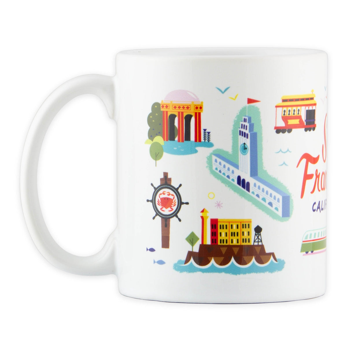 11 oz. white mug with colorful illustrations of landmarks from around San Francisco including the Golden Gate Bridge.