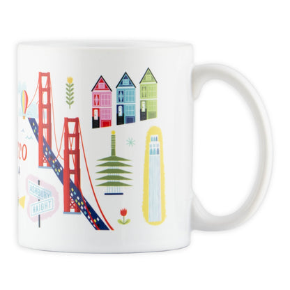 11 oz. white mug with colorful illustrations of landmarks from around San Francisco including the Golden Gate Bridge.