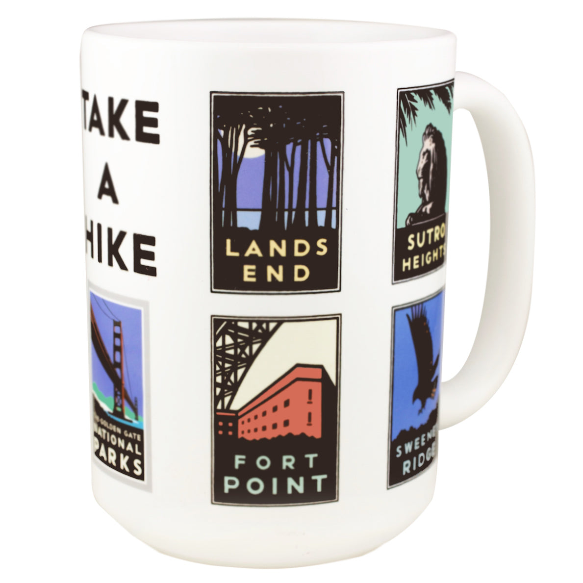 15 oz. white mug with nine colorful Golden Gate National Park icons and "Take a Hike" slogan. Artwork by Michael Schwab.