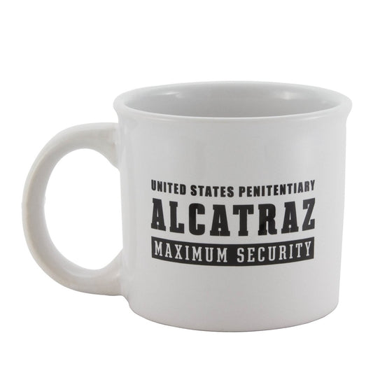 14 oz. white mug with black text "Alcatraz Maximum Security" and "Alcatraz was never no good for nobody" quote.