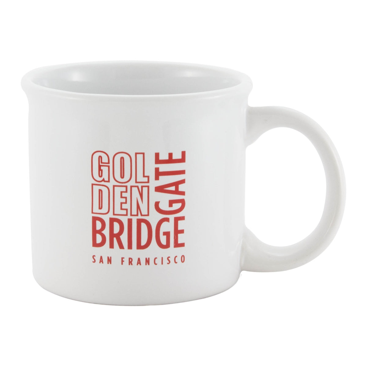 14 oz. white mug with red design featuring the Golden Gate Bridge's Art Deco tower and "Dream Big" slogan.