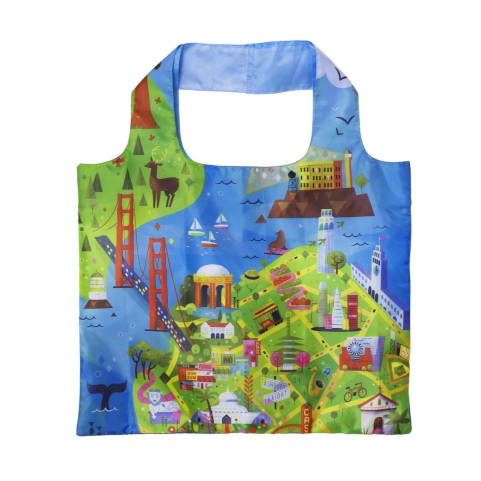 Brightly colored reusable tote bag with San Francisco map illustration and snap-closure pouch.