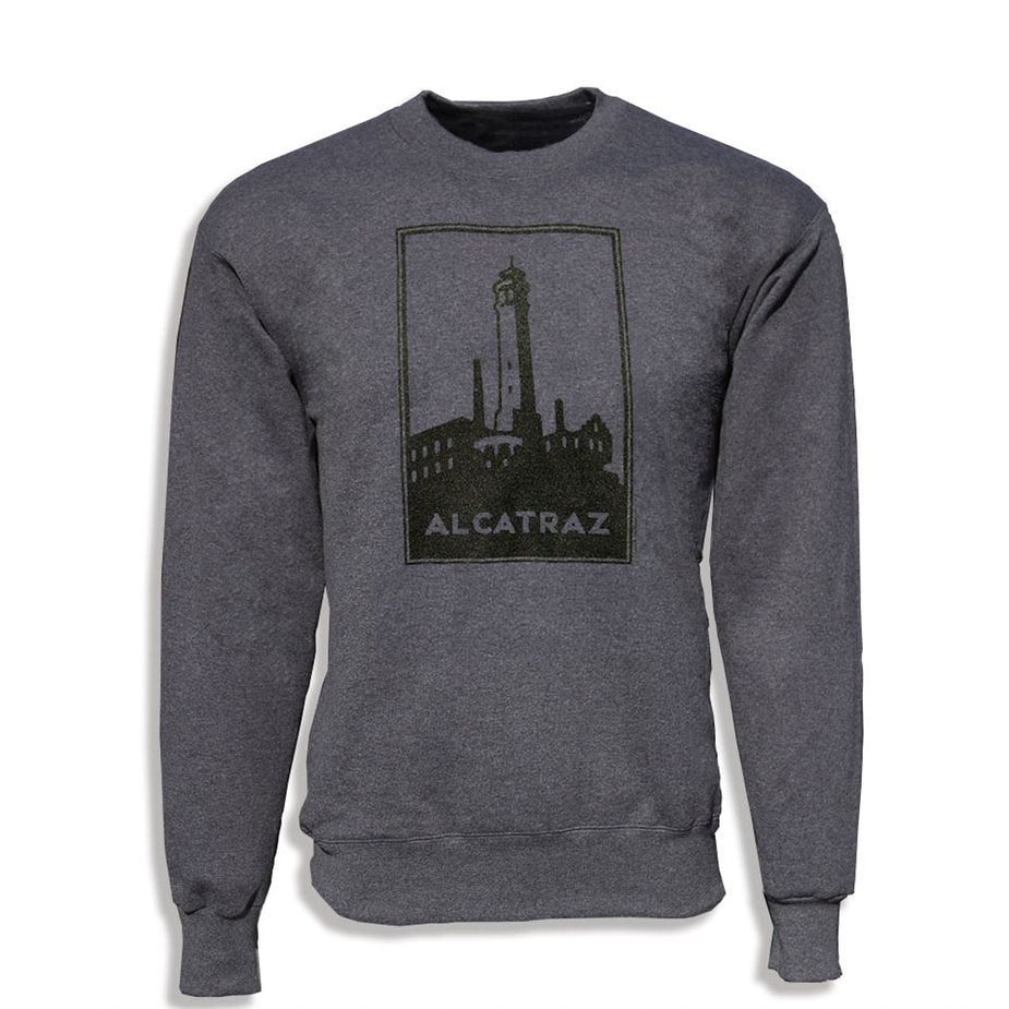Charcoal grey crewneck sweatshirt with screen-printed design of the Alcatraz lighthouse in black on the chest. Artwork by Michael Schwab.