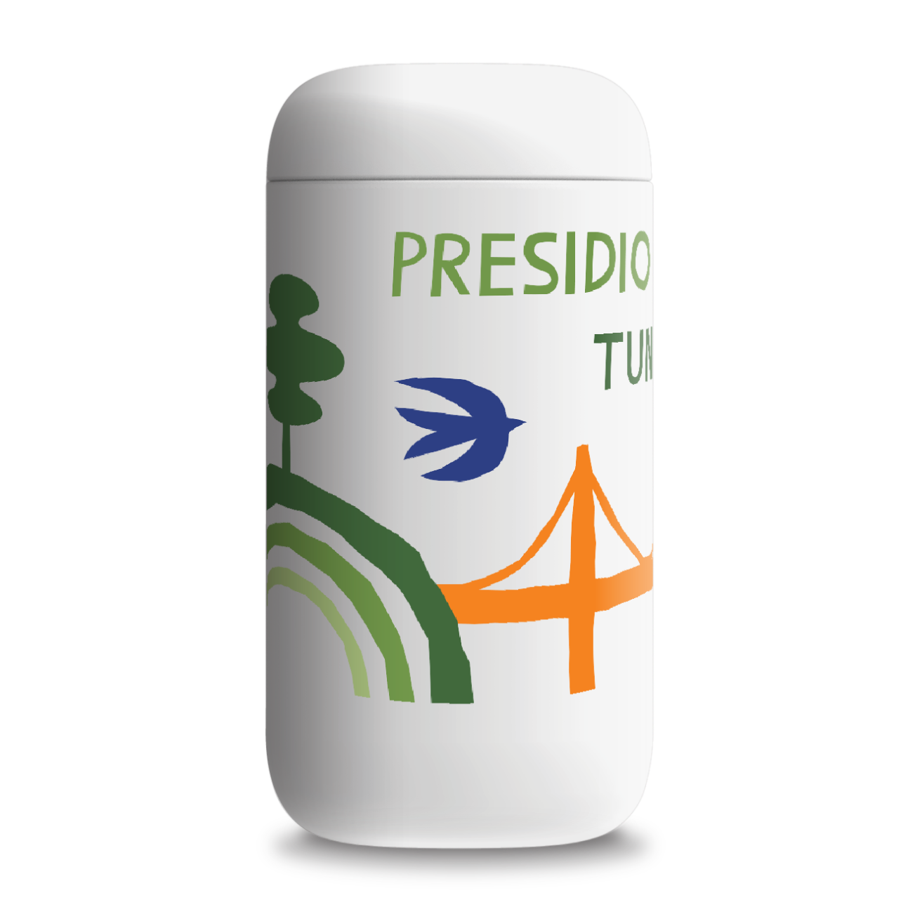 White travel mug with colorful illustrated Presidio Tunnel Tops design, including Golden Gate Bridge, Tunnels, and Palace of Fine Arts.