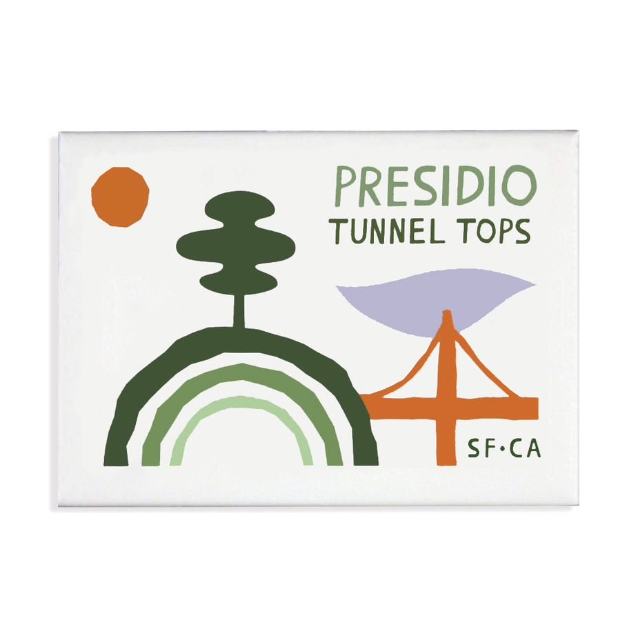 White rectangular magnet with contemporary artwork of nature scene and Golden Gate Bridge, titled Presidio Tunnel Tops, SF, CA.