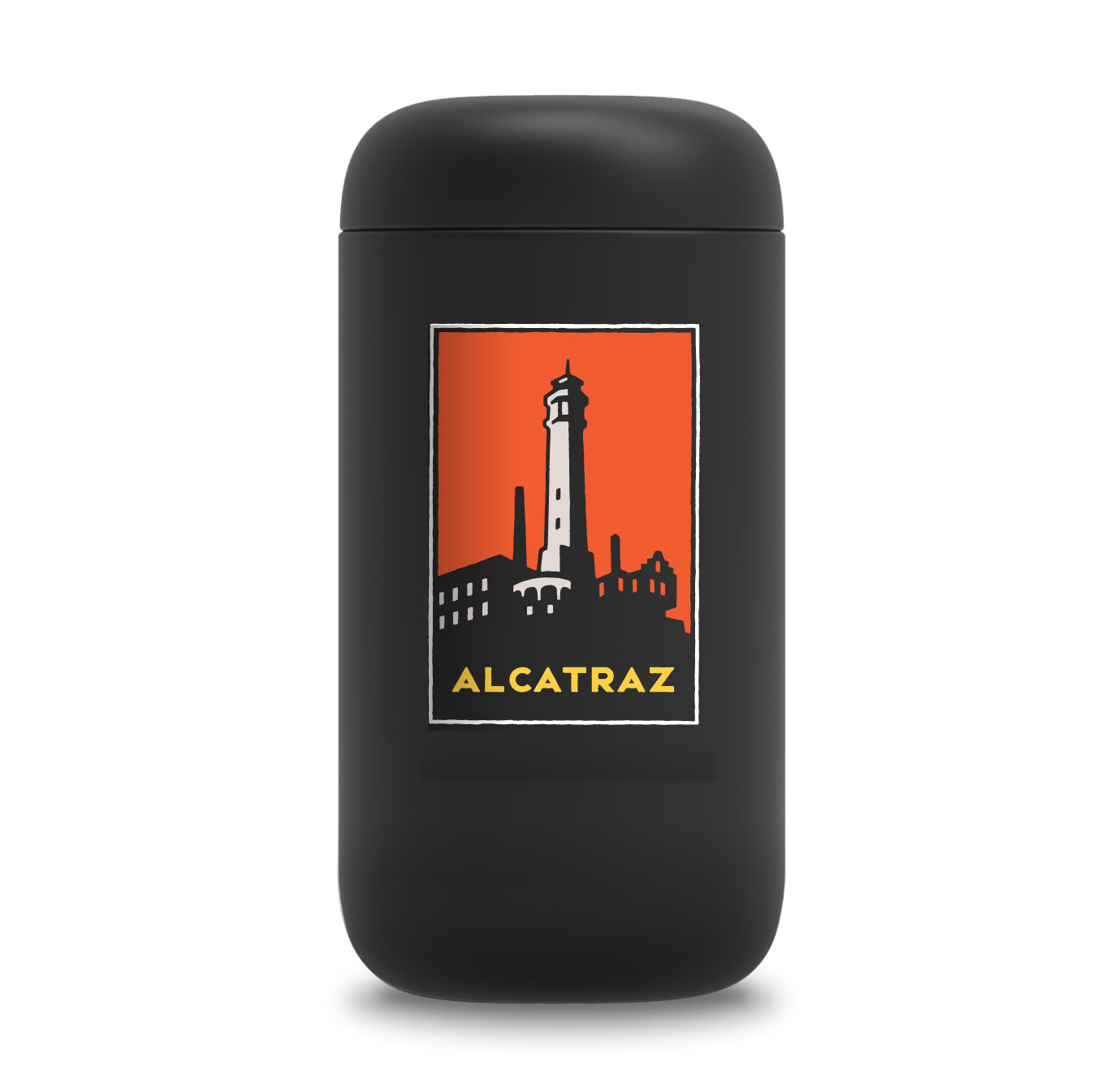 12-ounce Alcatraz travel mug made in partnership with Fellow, multicolor illustration by Michael Schwab on black mug