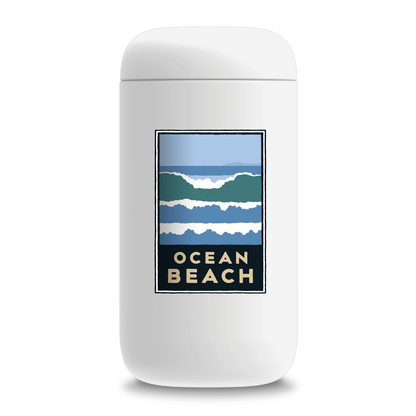 12-ounce Ocean Beach travel mug made in partnership with Fellow, multicolor illustration by Michael Schwab on white thermos